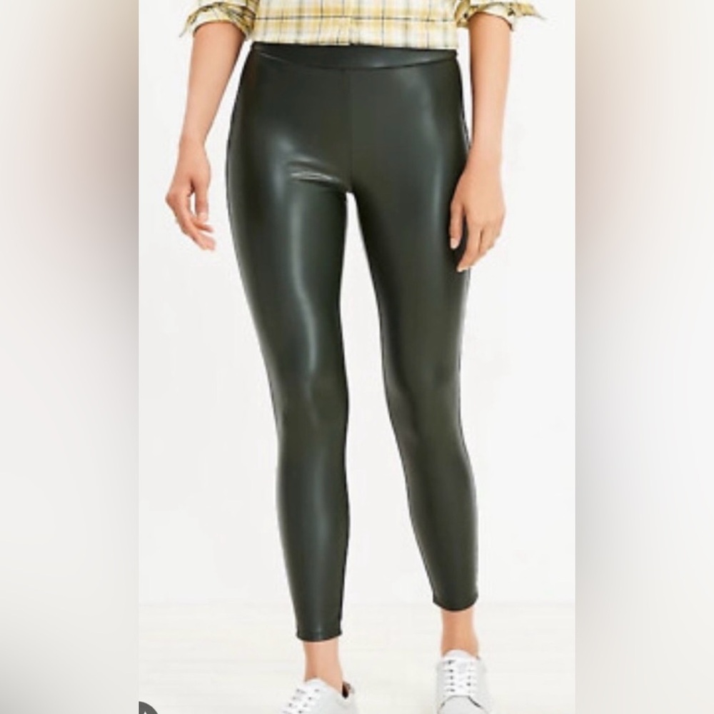 Loft Faux Leather Pants Dark Green Leggings Medium Festival Stretch Back Seam